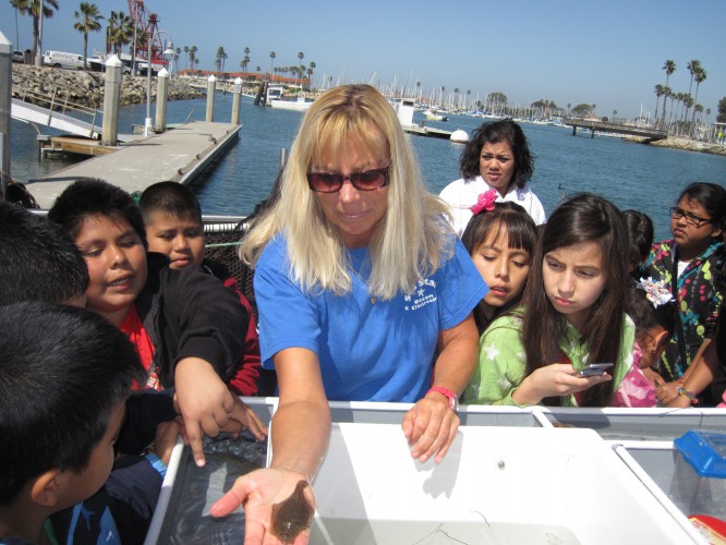 A woman in a blue shirt holds a small sea creature in her hand while a group of children gather around her at a marina.