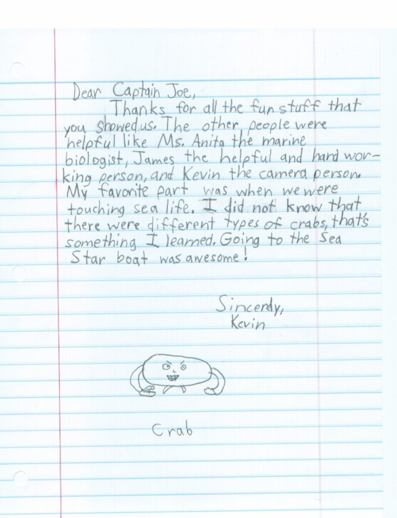 Handwritten letter on lined paper addressed to Captain Joe, expressing thanks and describing experiences learning about sea life, specifically mentioning a sea star boat and different types of crabs. Drawing of a crab included.