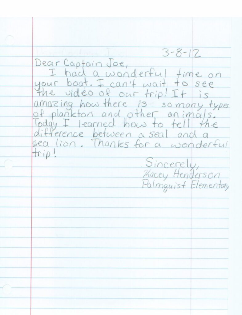 A handwritten letter on lined paper dated 3-8-12, from Kacey Henderson of Palmquist Elementary, thanking Captain Joe for a boat trip and explaining what she learned about plankton, seals, and sea lions.