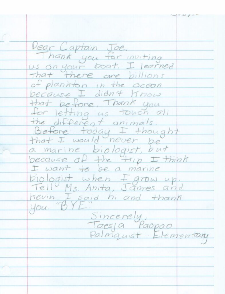 Handwritten letter from a student thanking Captain Joe for letting them on the boat, expressing interest in becoming a marine biologist, and sending regards to Ms. Anita, James, and Kevin.